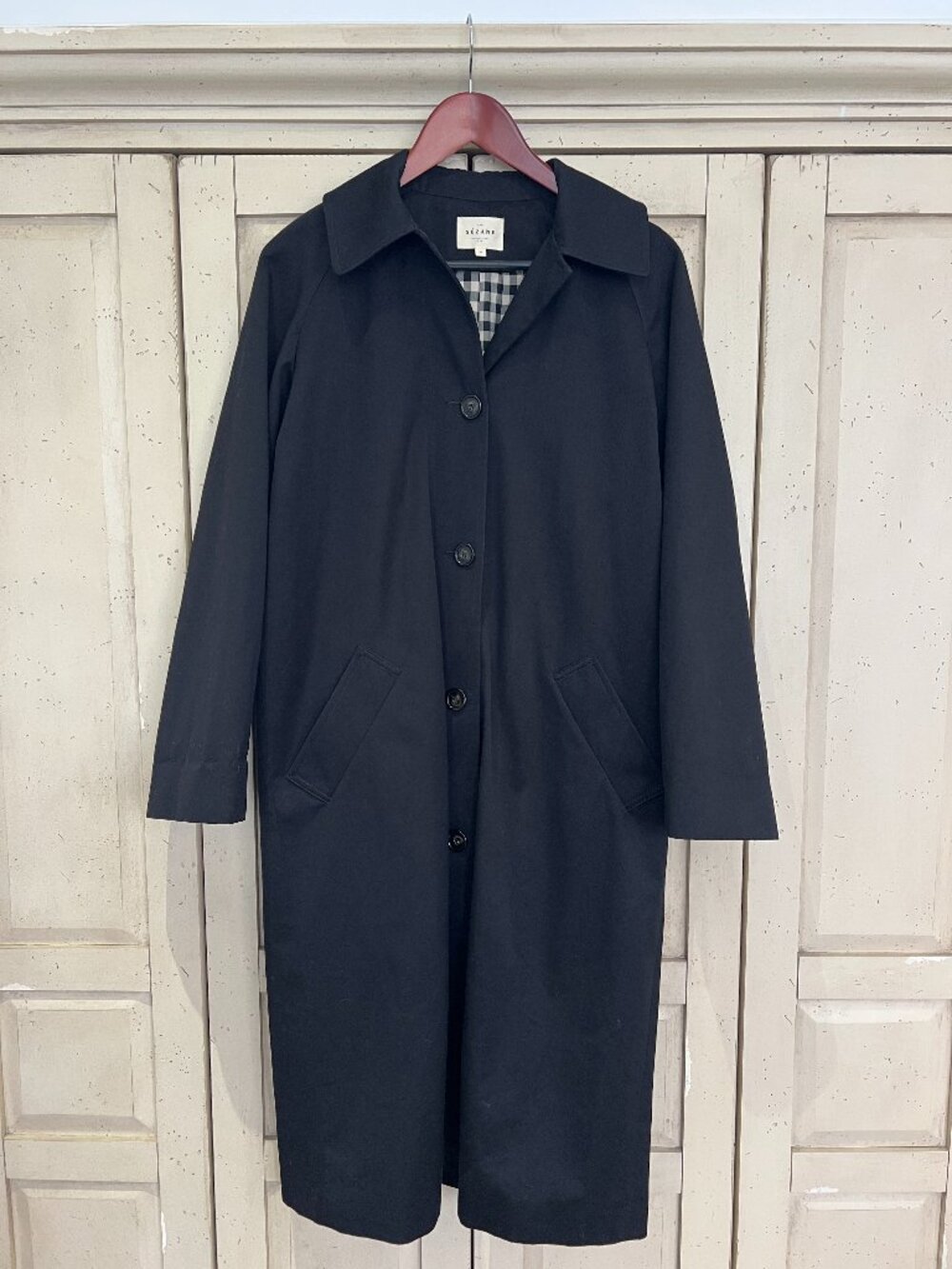SÉZANE Clyde Coat Black Organic Cotton Trench Gingham Lining FR 34 (US 2) - Picture 4 of 10